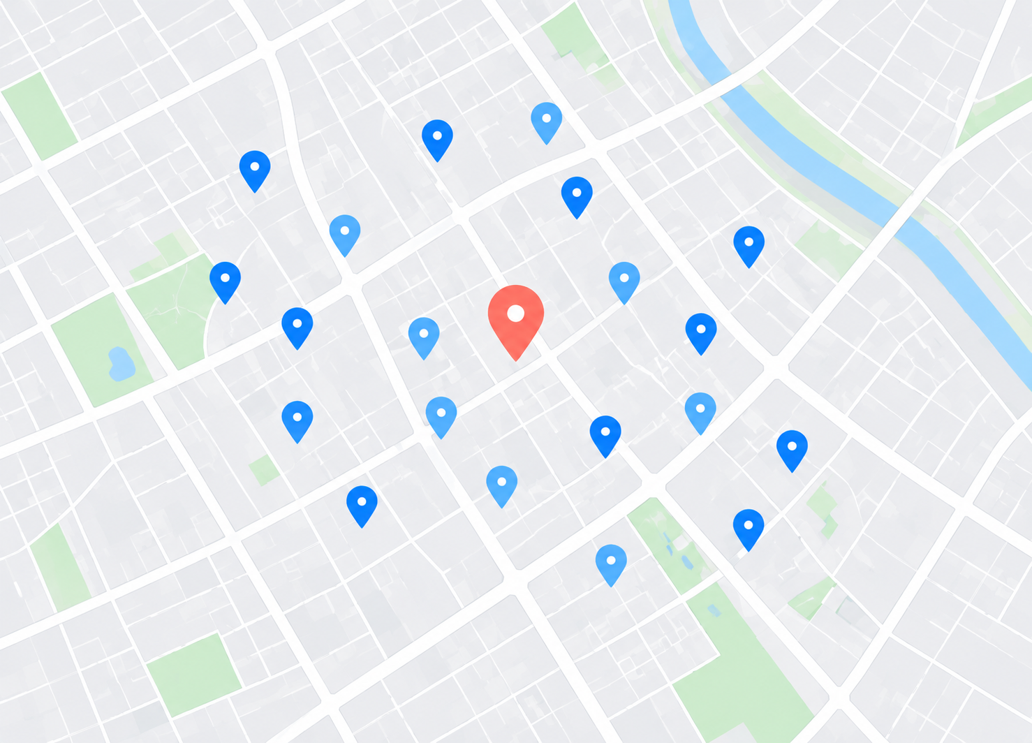 Illustrative neighborhood map showing local search visibility around a business